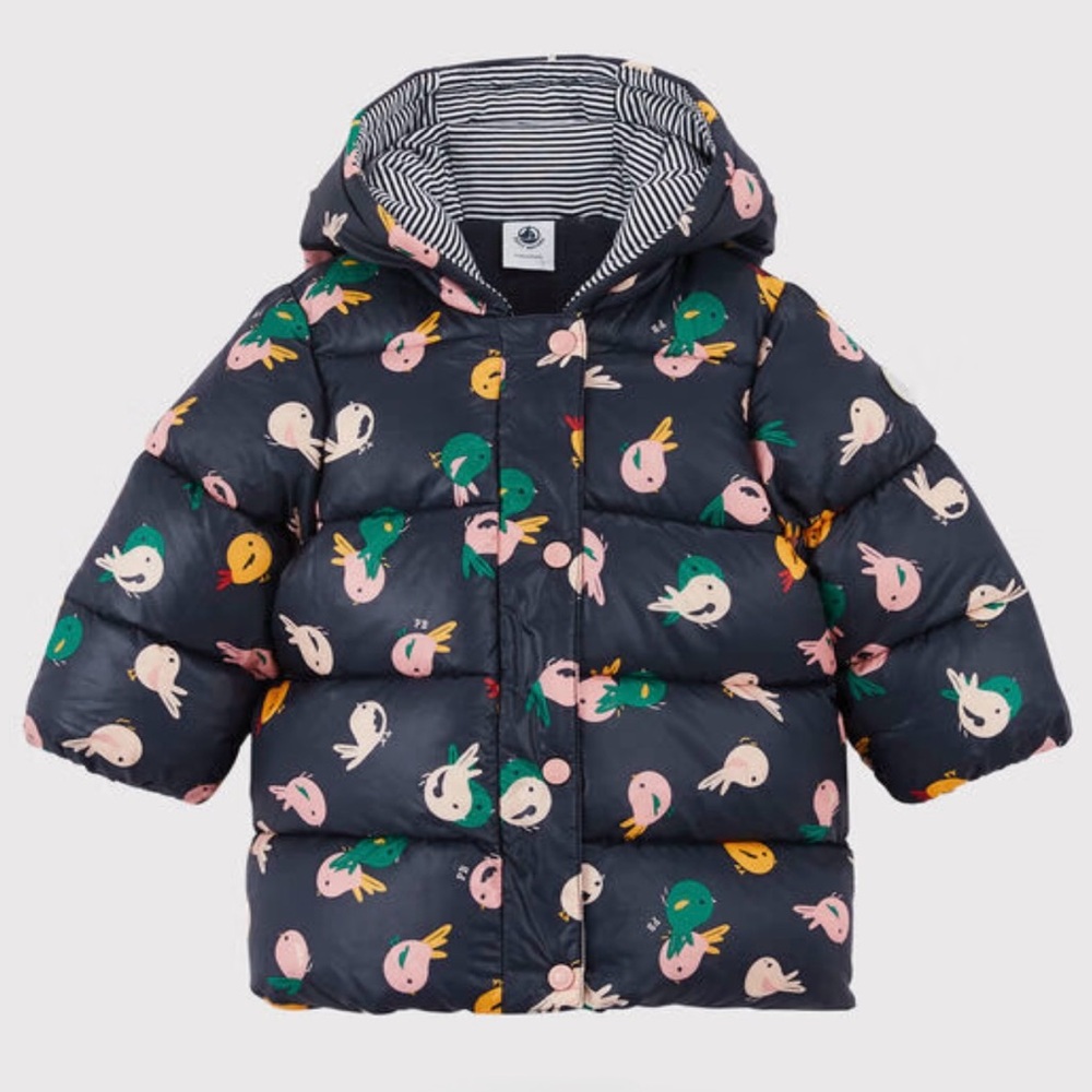 Petit Bateau Girls Navy Bird Print Winter Jacket - Size 12M
